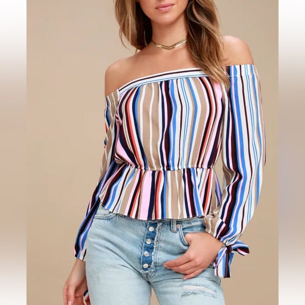 Lulus Filled With Glee Pink Striped Off-the-Shoulder Top Size S Coquette Preppy